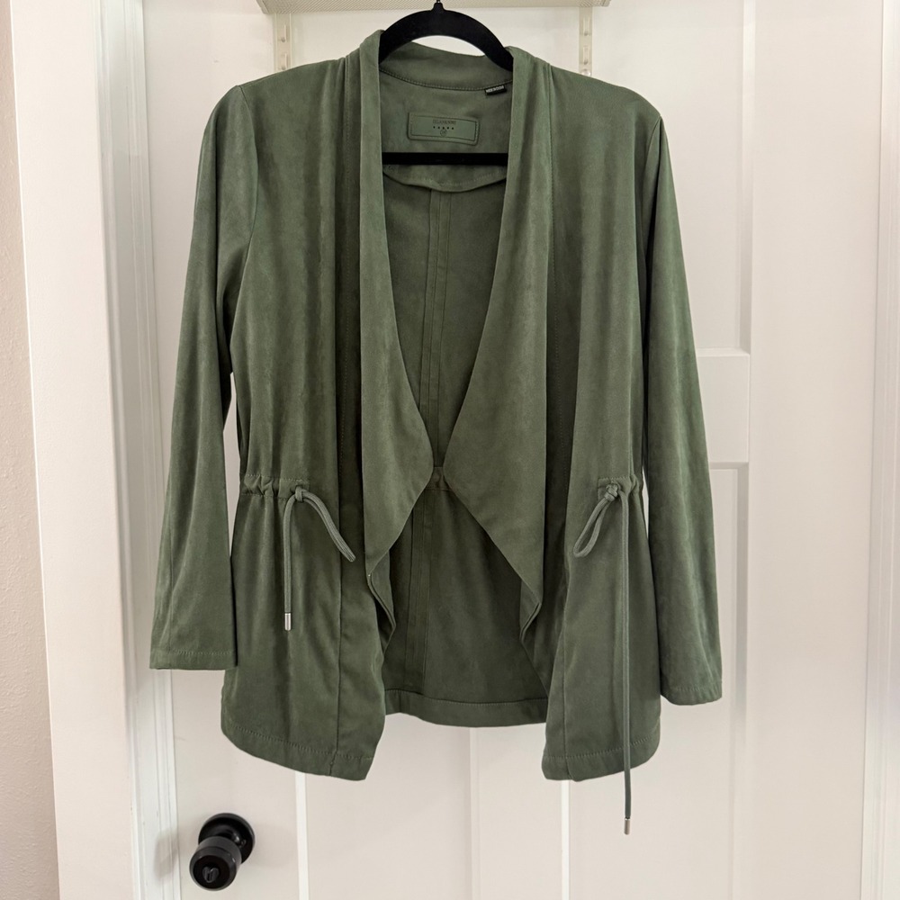 BLANKNYC Olive Green Faux Suede Drape Front Jacket Blazer Drawcord Waist‎ XS